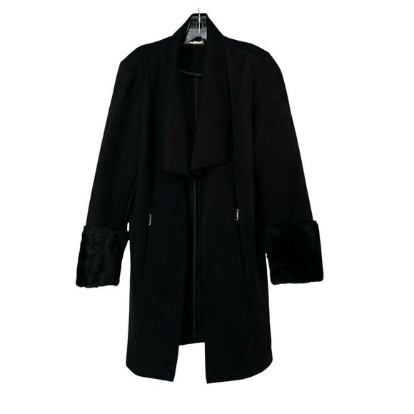 T Tahari Black Coat Draped Open Front Faux Fur Trim Vegan Microsuede Chic Size L - Picture 1 of 10